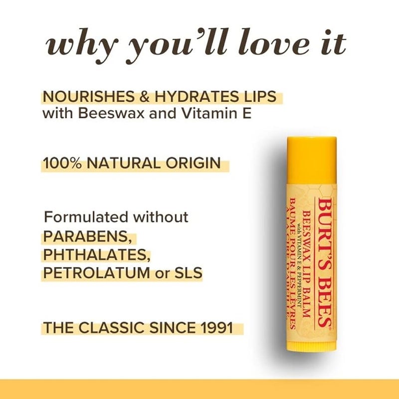 Burt's Bees wax 100% Natural Moisturizing Lip Balm, with Vitamin E and Peppermint-1 Tube, 4 GR - Image 5