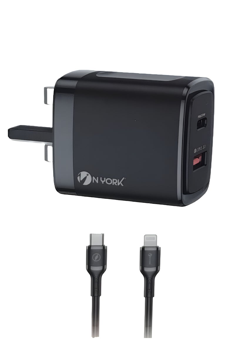 نيورك شاحن بقوة 38 وات بمنفذ تايب سي ومنفذ USB يدعم الشحن السريع بتقنية GaN مع كابل شحن تايب سي آيفون - Image 1