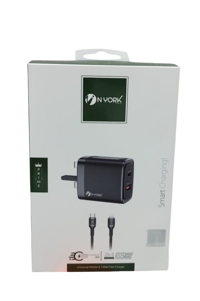 نيورك شاحن بقوة 38 وات بمنفذ تايب سي ومنفذ USB يدعم الشحن السريع بتقنية GaN مع كابل شحن تايب سي آيفون - Image 4