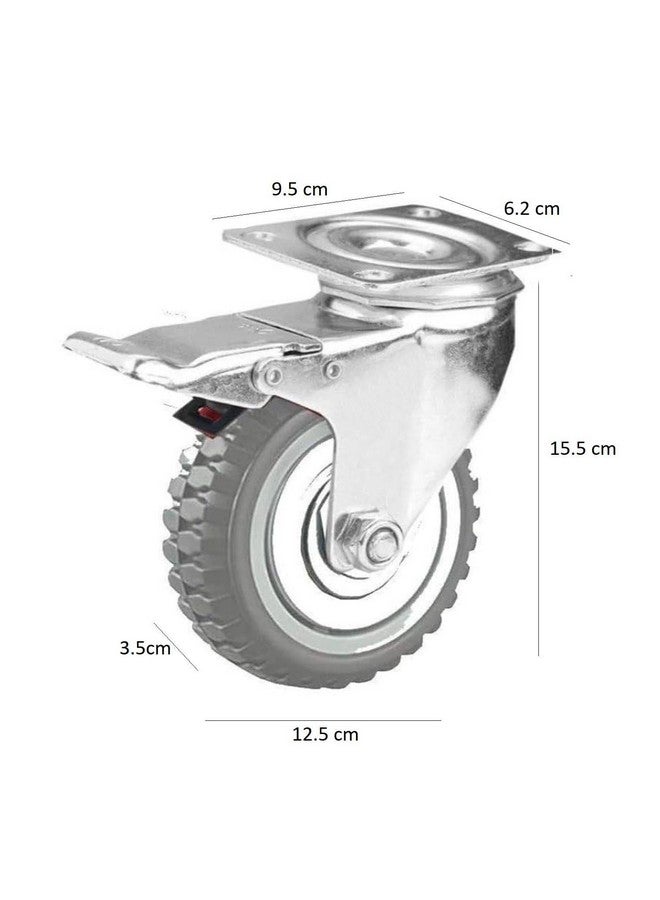 Krevia 5 Inch 360 Degree PU Swivel Caster Wheels | Set Of 4 Heavy Duty Locking Bearing Industrial Casters with Brake | Noise-Free Swivel Plate Caster Wheels for Cart, Furniture, Workbench (Grey) - Image 2