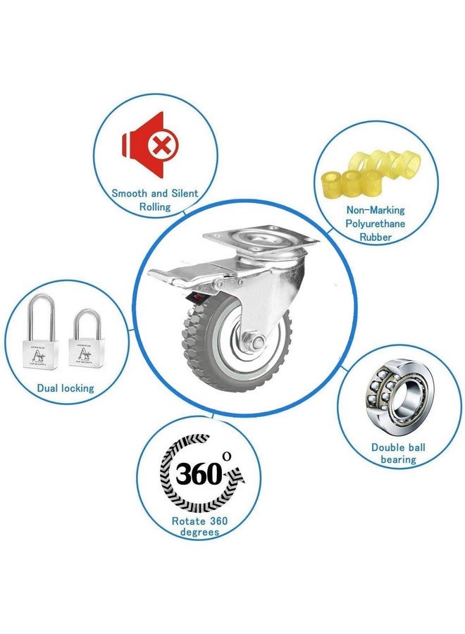 Krevia 5 Inch 360 Degree PU Swivel Caster Wheels | Set Of 4 Heavy Duty Locking Bearing Industrial Casters with Brake | Noise-Free Swivel Plate Caster Wheels for Cart, Furniture, Workbench (Grey) - Image 5