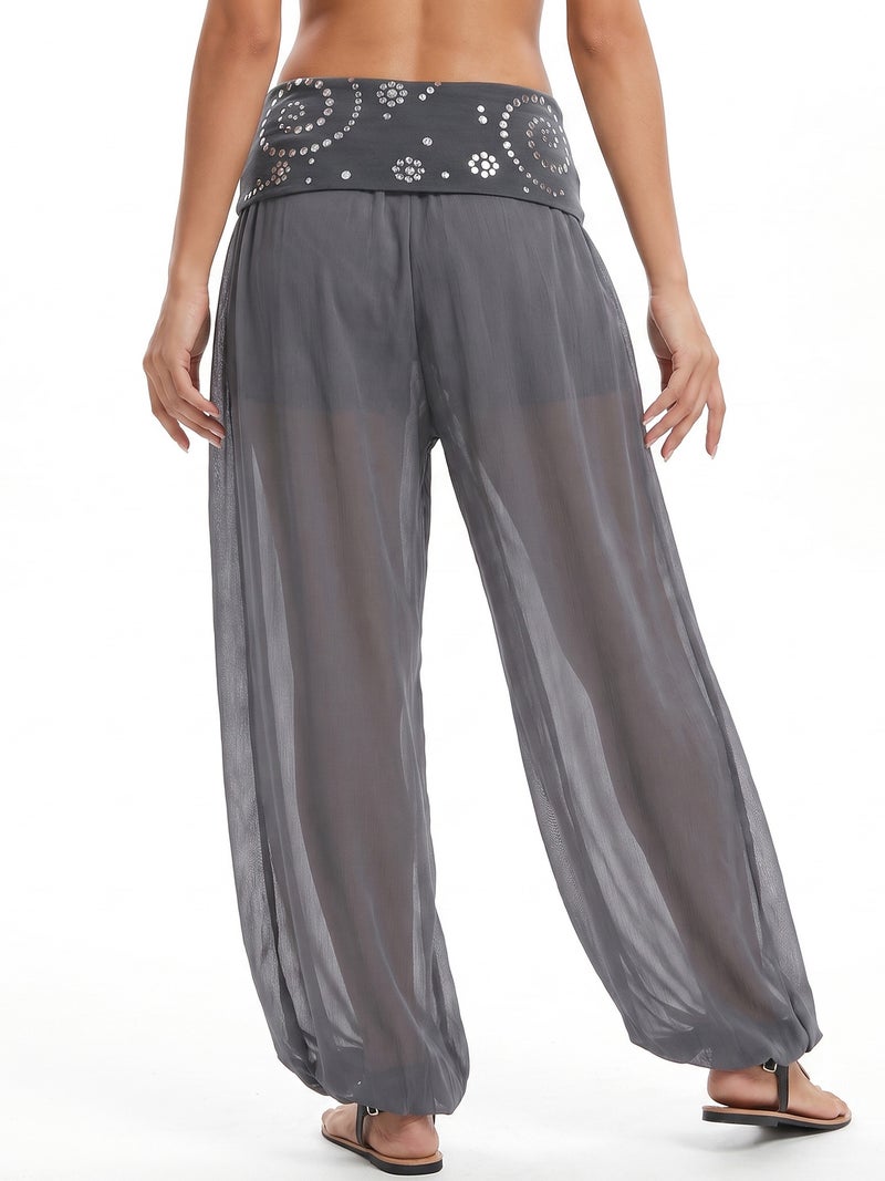 Women's Sheer Harem Pants Studded Adorn Fold Waist Mesh Balloon Pants Loose Fit Perspective Trousers - Image 5