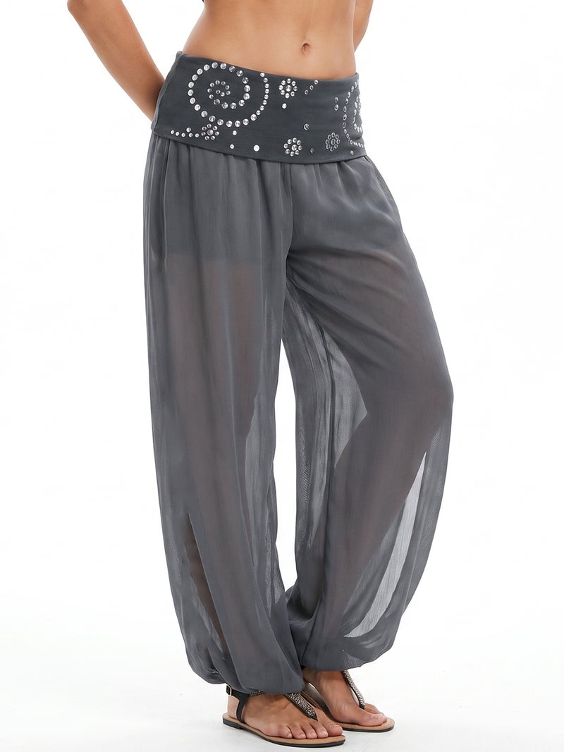 Women's Sheer Harem Pants Studded Adorn Fold Waist Mesh Balloon Pants Loose Fit Perspective Trousers - Image 4