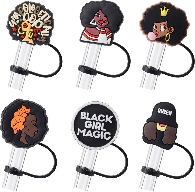 BULKITEM 6Pcs Black Girl Straw Cover Cap for Stanley Cup Accessories, 10mm Cute Black Drinking Straw Topper for 40oz 30oz Stanley Tumbler, Dust-Proof Reusable Straw Tips Valentines Decor Gifts for Women - Image 1