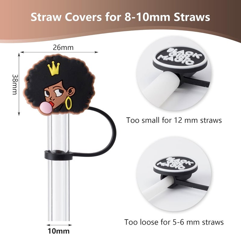 BULKITEM 6Pcs Black Girl Straw Cover Cap for Stanley Cup Accessories, 10mm Cute Black Drinking Straw Topper for 40oz 30oz Stanley Tumbler, Dust-Proof Reusable Straw Tips Valentines Decor Gifts for Women - Image 2