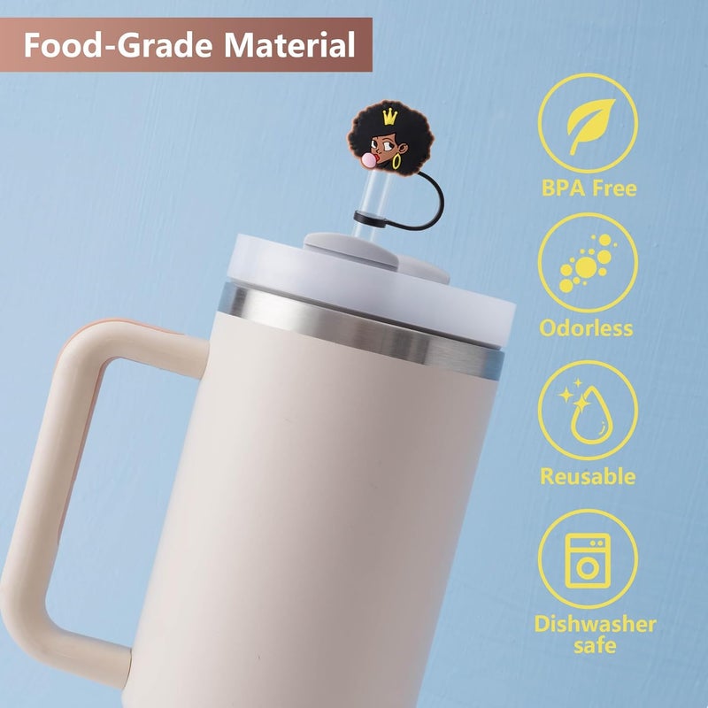 BULKITEM 6Pcs Black Girl Straw Cover Cap for Stanley Cup Accessories, 10mm Cute Black Drinking Straw Topper for 40oz 30oz Stanley Tumbler, Dust-Proof Reusable Straw Tips Valentines Decor Gifts for Women - Image 3