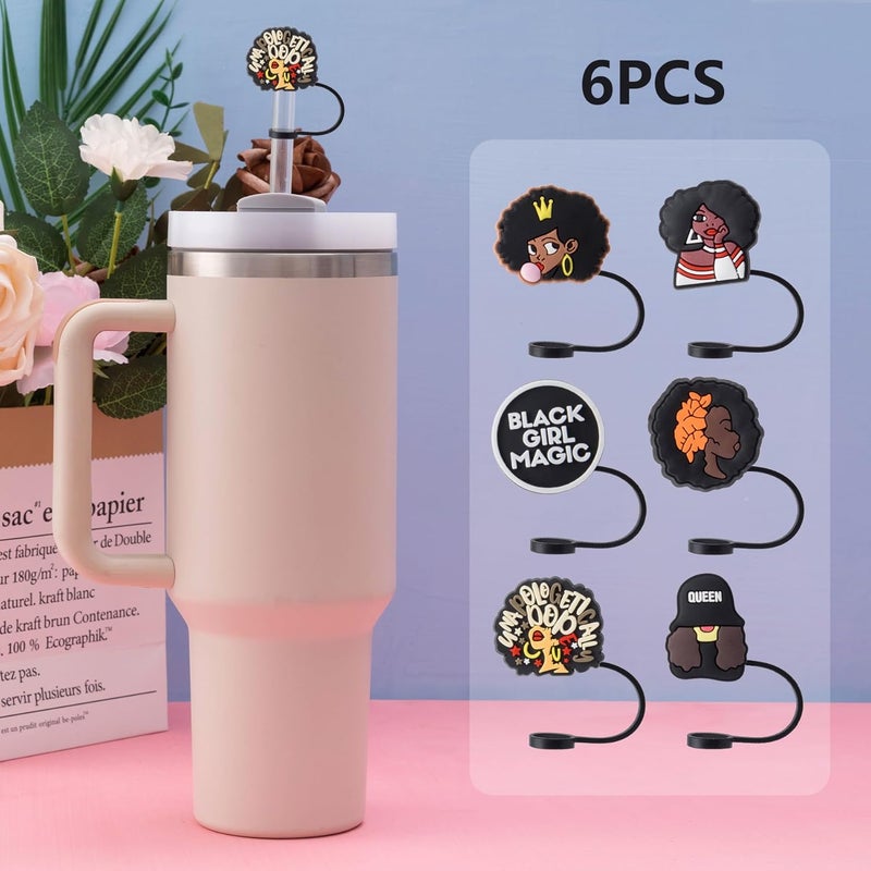 BULKITEM 6Pcs Black Girl Straw Cover Cap for Stanley Cup Accessories, 10mm Cute Black Drinking Straw Topper for 40oz 30oz Stanley Tumbler, Dust-Proof Reusable Straw Tips Valentines Decor Gifts for Women - Image 4