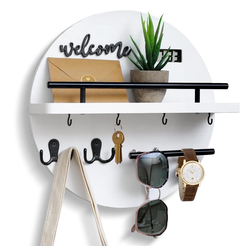 LEIRUOTM Key Holder for Wall Key and Mail Holder Organizer with Key Holder Wall Mount Round Wooden Rustic Home Decor for Entryway Mudroom Hallway Kitchen Office WhiteBlack - Image 1