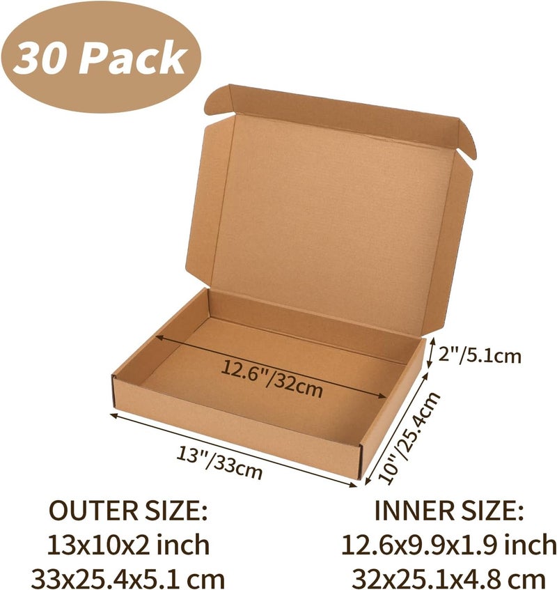 مجموعة صناديق شحن مقاس 13x10x2 بوصة من 30 قطعة، بنية، مقاس داخلي 12.6x9.6x1.6 بوصة، صناديق بريد كرتونية للتغليف للأعمال الصغيرة أو تغليف الهدايا - Image 2