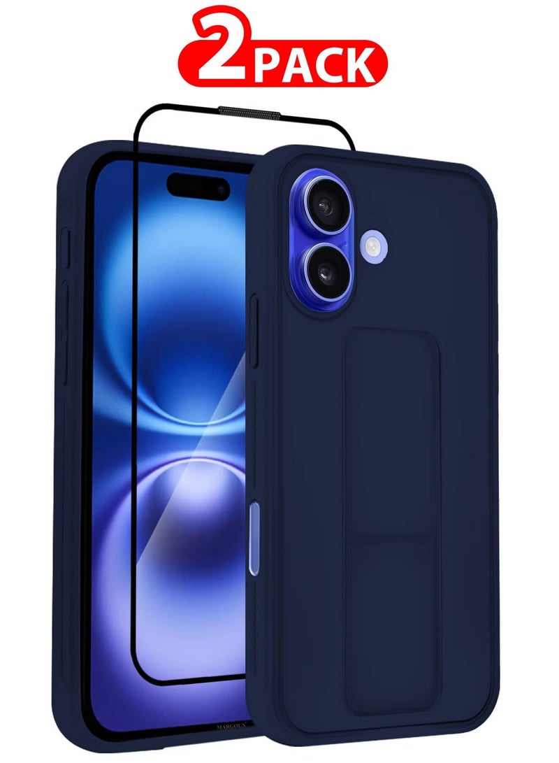 ELTRAZONE 2-Pack Premium PU Leather Case & Screen Protector for iPhone 16 Plus – Shockproof, Anti-Scratch, Stand Function, Finger Grip Case Cover (Blue) - Image 1