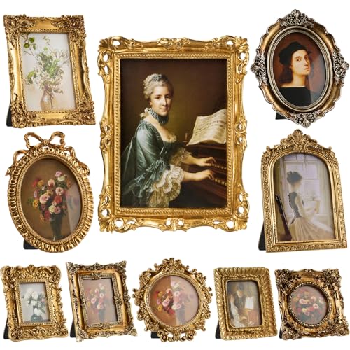 BrightRow 10 Pcs Wooden Vintage Gold Picture Frame Bulk Antique Wood Photo Frame with Glass Front Backboard for Tabletop Display Wall Hanging Decor Christmas Jewelry Display for Home Hotel Wedding Ornaments - Image 1