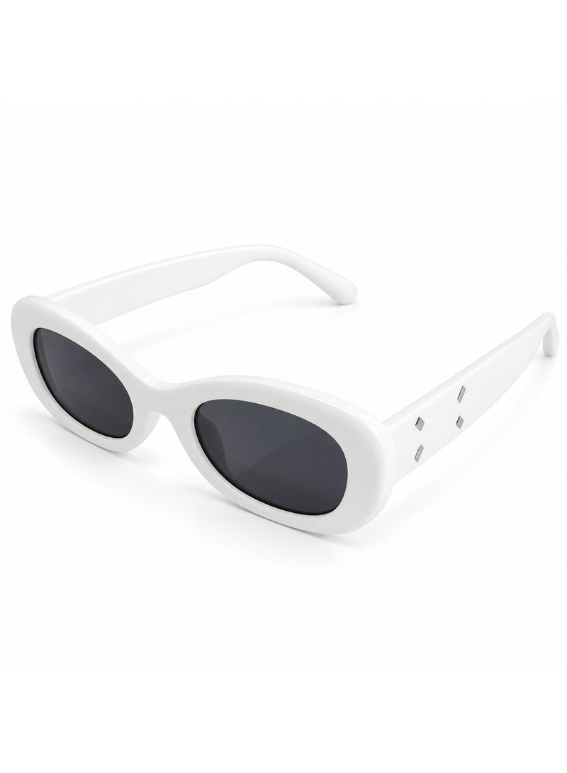 Retro Oval Sunglasses with Glossy White Frame and Dark Smoke Lenses - Image 1