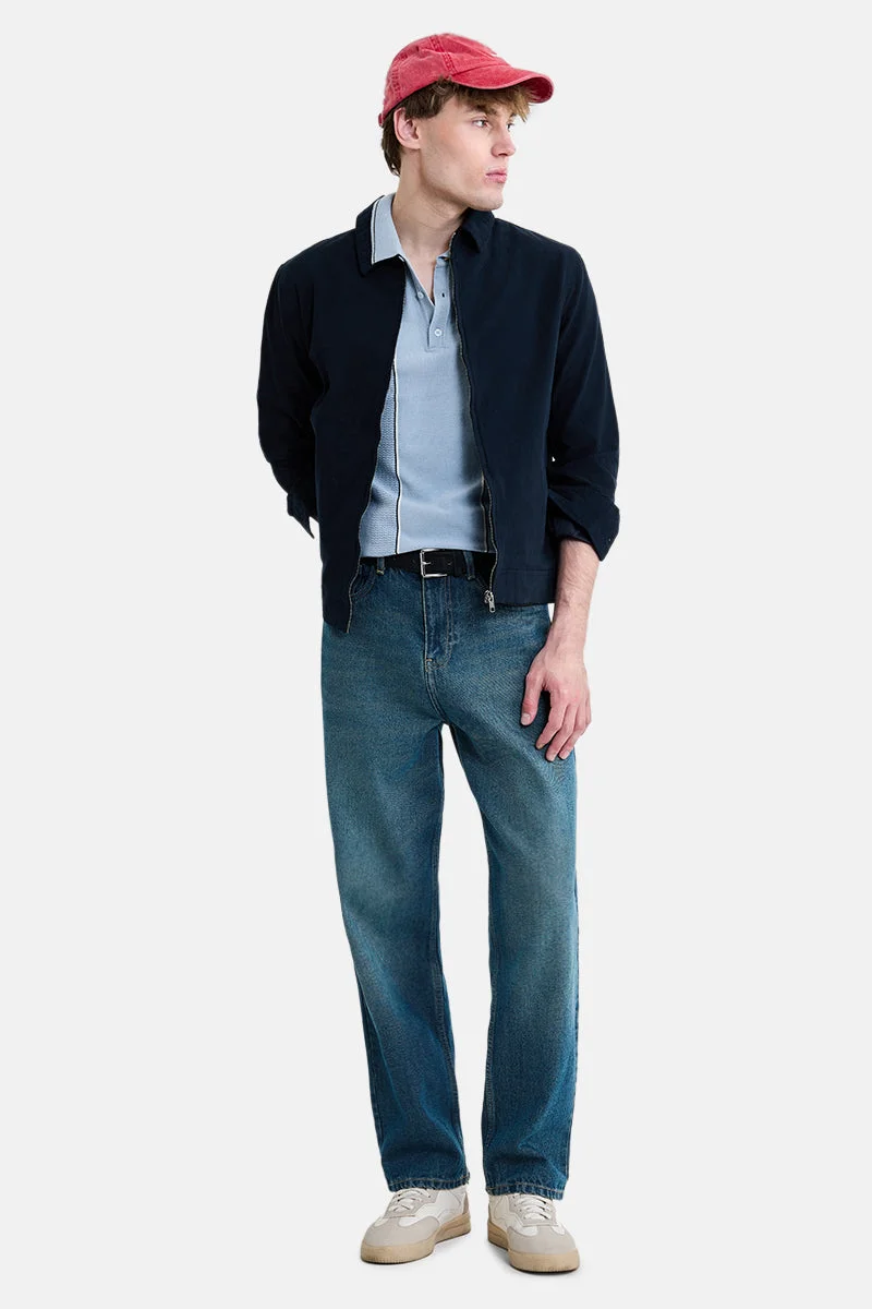 سنيتش Navy Blue Solid Long Sleeve Regular Fit Jacket