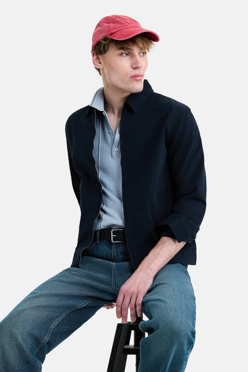 سنيتش Navy Blue Solid Long Sleeve Regular Fit Jacket