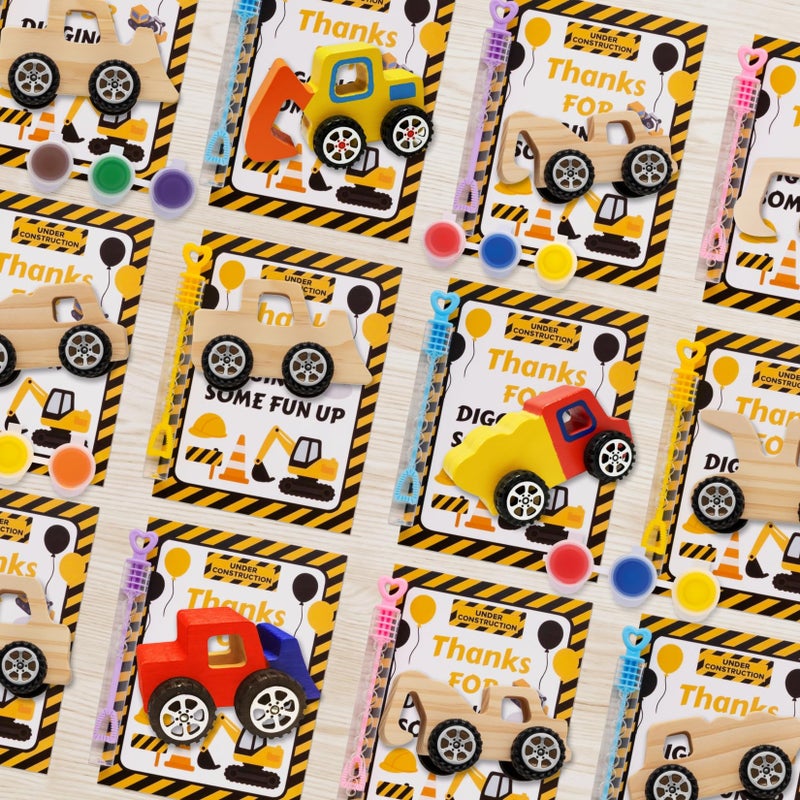 GOGREENWOVEN 12 Pcs Construction Party Favors & Diy Craft Kit - Unfinished Wooden Truck Painting Set With Bubble Wands  Paints  Brushes & Cards - Birthday Party Favors For Kids  Boys & Girls  Classroom Rewards - Image 1