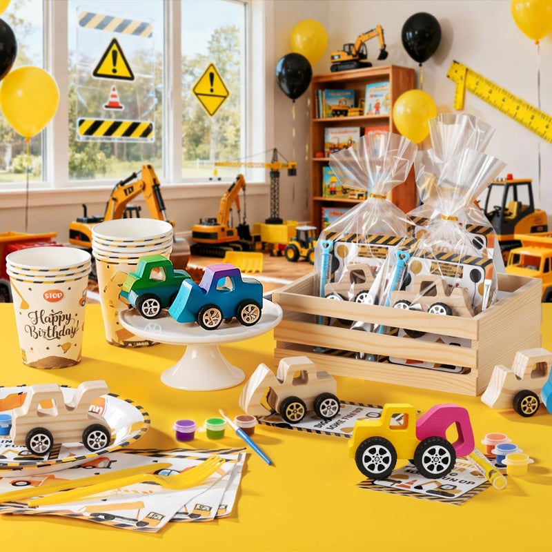 GOGREENWOVEN 12 Pcs Construction Party Favors & Diy Craft Kit - Unfinished Wooden Truck Painting Set With Bubble Wands  Paints  Brushes & Cards - Birthday Party Favors For Kids  Boys & Girls  Classroom Rewards - Image 2