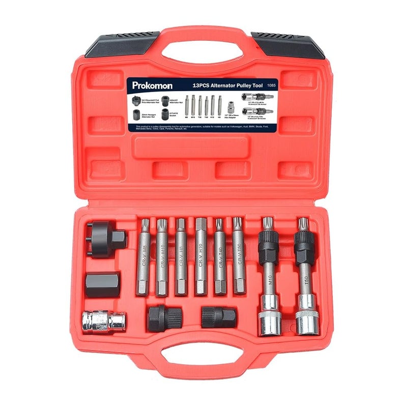 Prokomon 13 Pieces Alternator Pulley Tool Kit; Alternator Pulley Removal Tool for Car Pulley Removal Decoupling Puller - Image 1