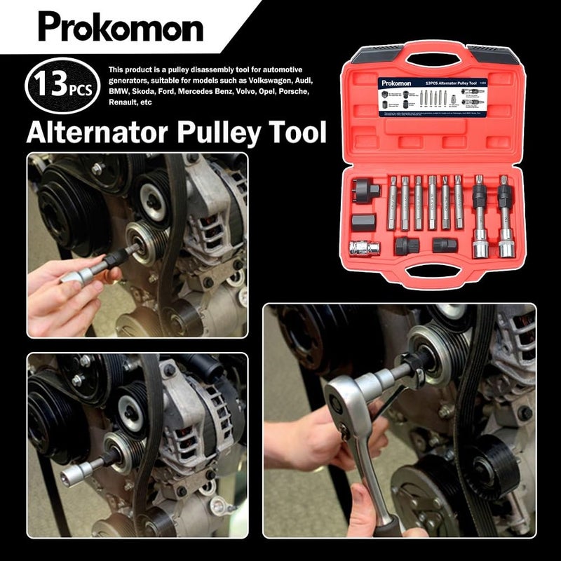 Prokomon 13 Pieces Alternator Pulley Tool Kit; Alternator Pulley Removal Tool for Car Pulley Removal Decoupling Puller - Image 4