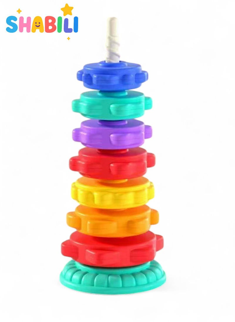 شبيلي برج التكديس الدوّار قوس قزح لعبة مونتيسوري تعليمية للأطفال من عمر سنة بألوان زاهية وأقراص حلزونية تطور المهارات الحركية الدقيقة مناسبة للأولاد والبنات للعب الداخلي والهدايا - Image 1