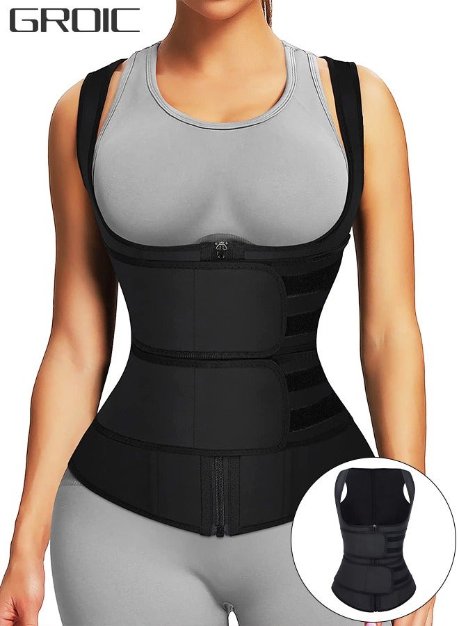 GROIC Waist Trainer for Women Waist Trainer Corset Vest Tummy Slimming Belly  Body Shaper, Double Belt Sauna Workout Trimmer Belts with Zipper and 9 Steel Bones - Image 1