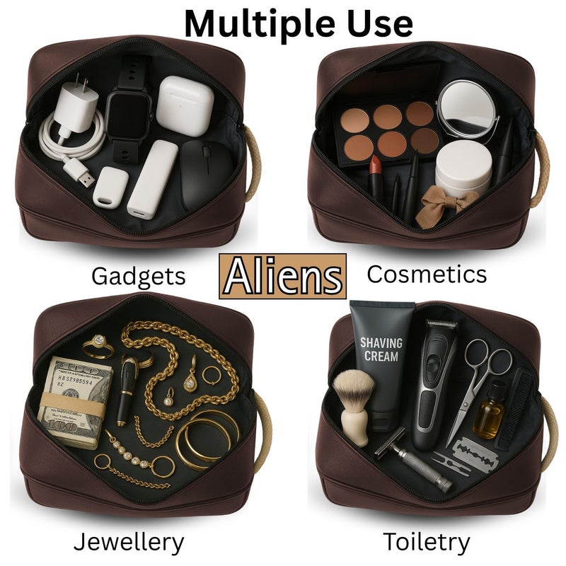 Aliens Multipurpose Travel Organizer Leather Pouch for Men and Women, Hanging Dopp Kit, Water-Repellent Bag for Toiletry, Shaving Kit, Cosmetics & Makeup, Jewellery, Gadget,Computer Accessories-Brown - Image 3