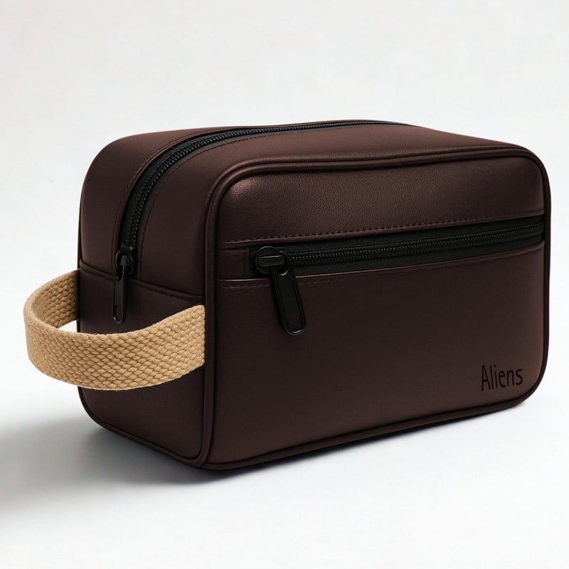 Aliens Multipurpose Travel Organizer Leather Pouch for Men and Women, Hanging Dopp Kit, Water-Repellent Bag for Toiletry, Shaving Kit, Cosmetics & Makeup, Jewellery, Gadget,Computer Accessories-Brown - Image 1