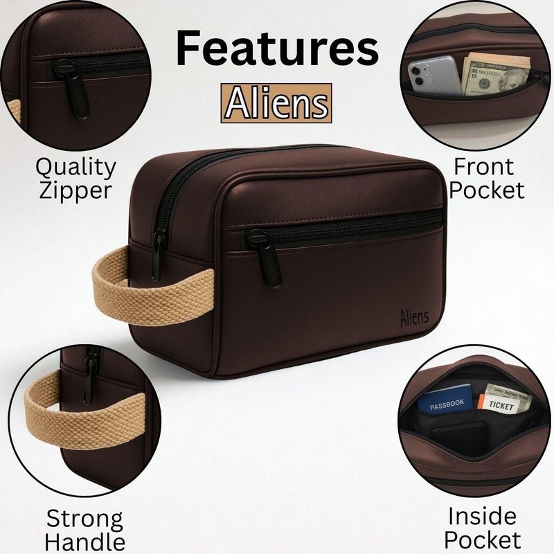 Aliens Multipurpose Travel Organizer Leather Pouch for Men and Women, Hanging Dopp Kit, Water-Repellent Bag for Toiletry, Shaving Kit, Cosmetics & Makeup, Jewellery, Gadget,Computer Accessories-Brown - Image 2