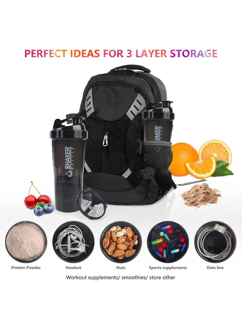 زجاجة رج، كوب رج سعة 16 أونصة، زجاجة رج بروتين مع مساحة تخزين وكرة رج، زجاجات رج رياضية لمشروبات البروتين، زجاجة خلط مشروبات رياضية، مقاومة للتسرب بنسبة 100%، خالية من مادة BPA، 3 طبقات (أسود) - Image 3