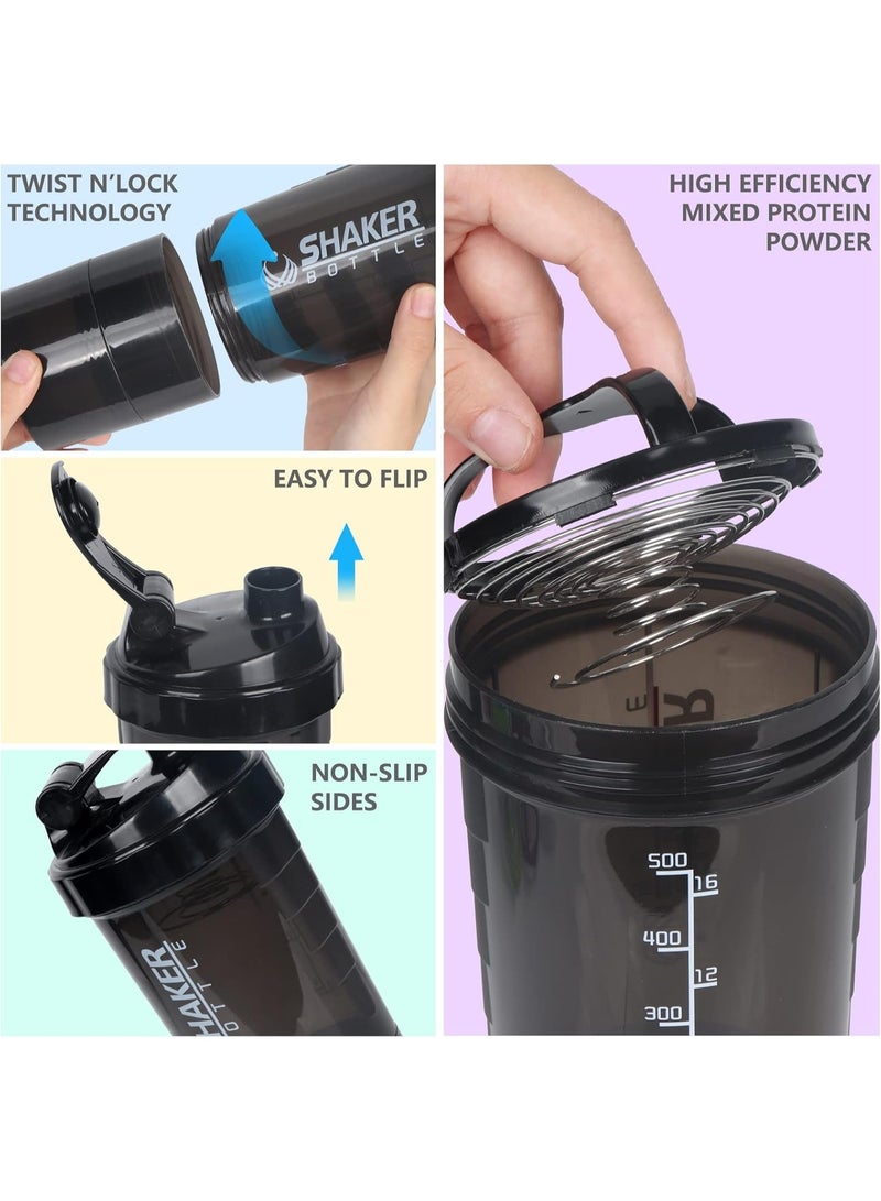 زجاجة رج، كوب رج سعة 16 أونصة، زجاجة رج بروتين مع مساحة تخزين وكرة رج، زجاجات رج رياضية لمشروبات البروتين، زجاجة خلط مشروبات رياضية، مقاومة للتسرب بنسبة 100%، خالية من مادة BPA، 3 طبقات (أسود) - Image 4