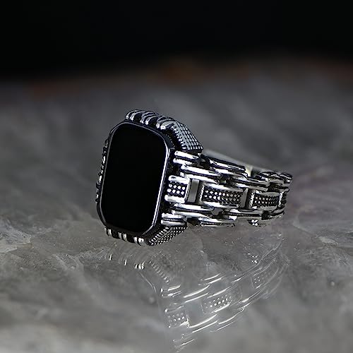 KsrModa Chain Design Genuine Black Onyx Stone Mens Silver Ring 925 Sterling Silver Signet Ring for Men Sterling Silver Pinky Ring Gift for Men Gift for Dad (9) - Image 2