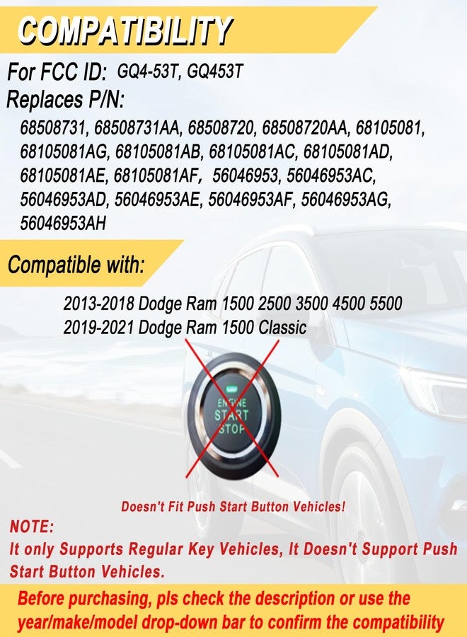Vurkcy Key Fob Replacement for 2013-2021 Ram 1500 2500 3500 4500 5500/19-21 Ram 1500 Classic Car Keyless Entry Remote Control,GQ4-53T,3 Buttons,2Pcs - Image 2