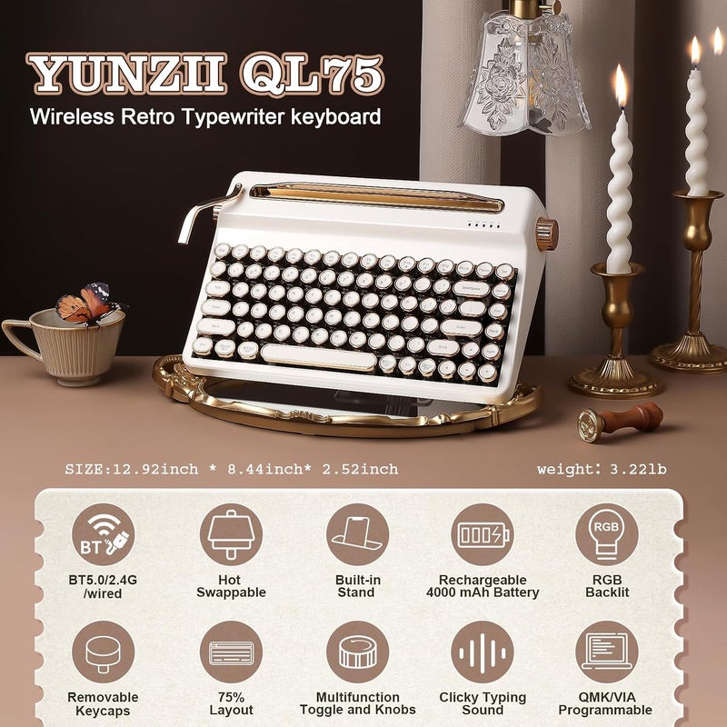 YUNZII QL75 لوحة مفاتيح RGB رجعية من نوع الآلة الكاتبة قابلة للتبديل السريع (أبيض، مفتاح Cocoa Cream V2) | مع حامل مدمج، أغطية مفاتيح مستديرة من نوع بانك، قابلة للبرمجة عبر QMK/VIA، RGB للوحة مفاتيح متعددة الأجهزة مع 2.4GHz/Type-C/BT5.0 - Image 2