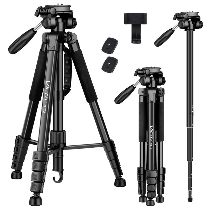 Victiv 72-inch Camera Tripod Aluminum Monopod T72 Max. Height 182cm- Lightweight and Compact for Travel with 3-way Swivel Head and 2 Quick Release Plates for DSLR Video Shooting - Black - Image 1