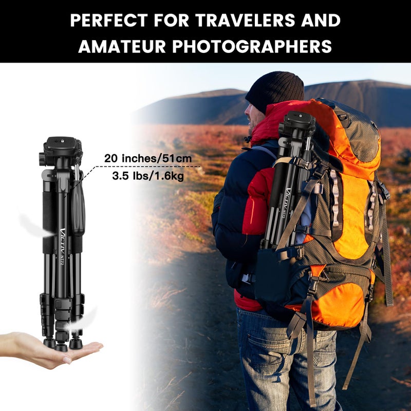 Victiv 72-inch Camera Tripod Aluminum Monopod T72 Max. Height 182cm- Lightweight and Compact for Travel with 3-way Swivel Head and 2 Quick Release Plates for DSLR Video Shooting - Black - Image 2