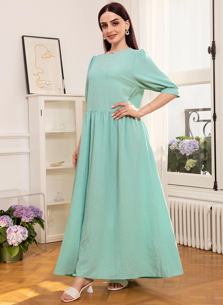 FridayIn Sweet Round neck Flowers Dots Rhinestone Puff sleeve Long Dresses Light green - Image 1