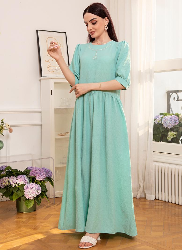 FridayIn Sweet Round neck Flowers Dots Rhinestone Puff sleeve Long Dresses Light green - Image 5