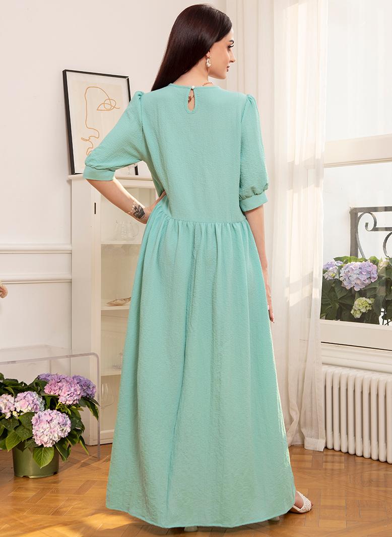FridayIn Sweet Round neck Flowers Dots Rhinestone Puff sleeve Long Dresses Light green - Image 2