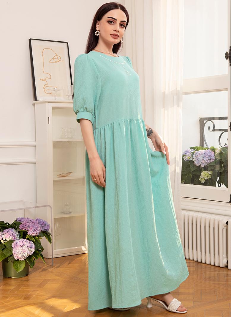 FridayIn Sweet Round neck Flowers Dots Rhinestone Puff sleeve Long Dresses Light green - Image 4