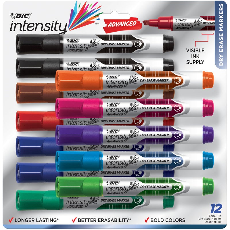 BIC Intensity Advanced Dry Erase Marker, Tank Style, Chisel Tip, Assorted Colors, Bright & Vivid Colors, 12-Count - Image 1