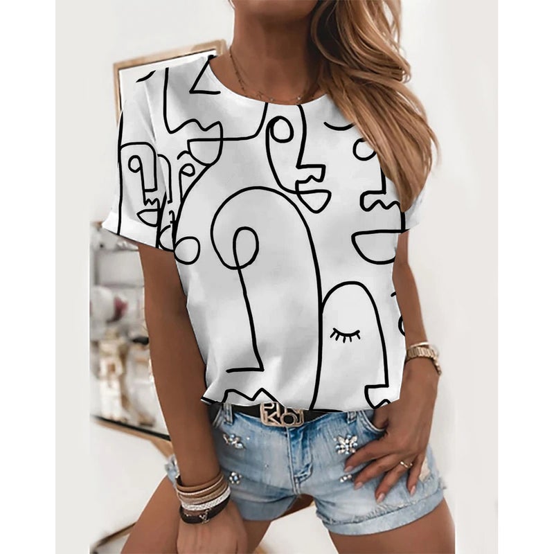 2024 Summer Women'S Abstract Painting Pattern Printing 3D Digital Printing Round Neck T-Shirt - Image 3