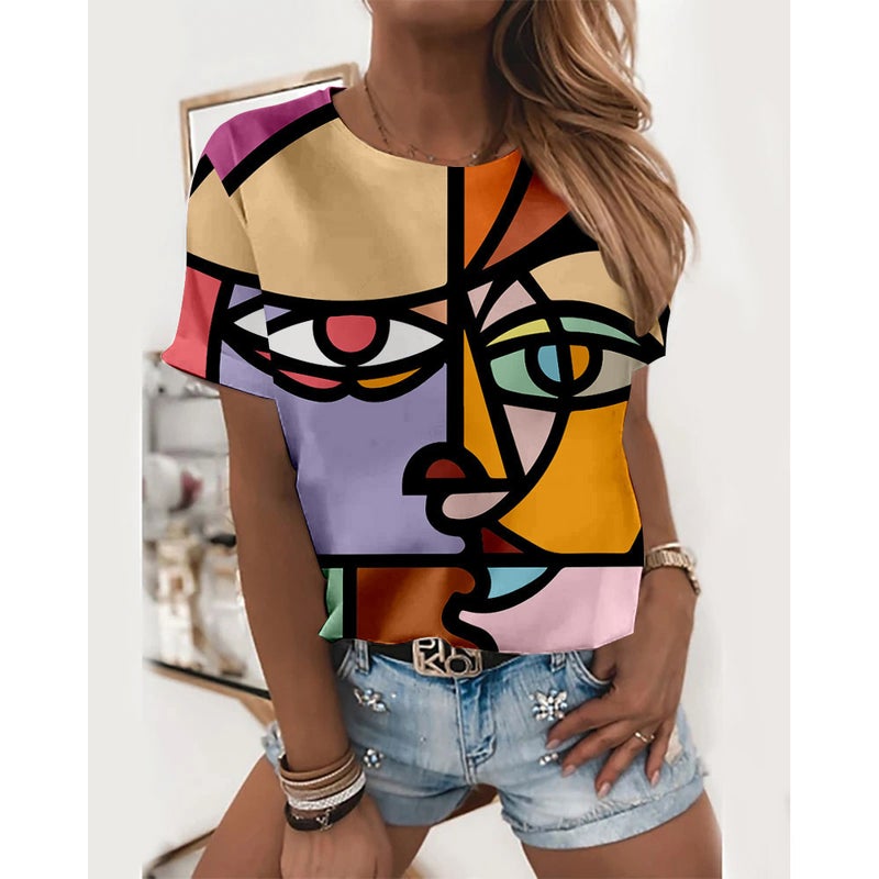 2024 Summer Women'S Abstract Painting Pattern Printing 3D Digital Printing Round Neck T-Shirt - Image 2