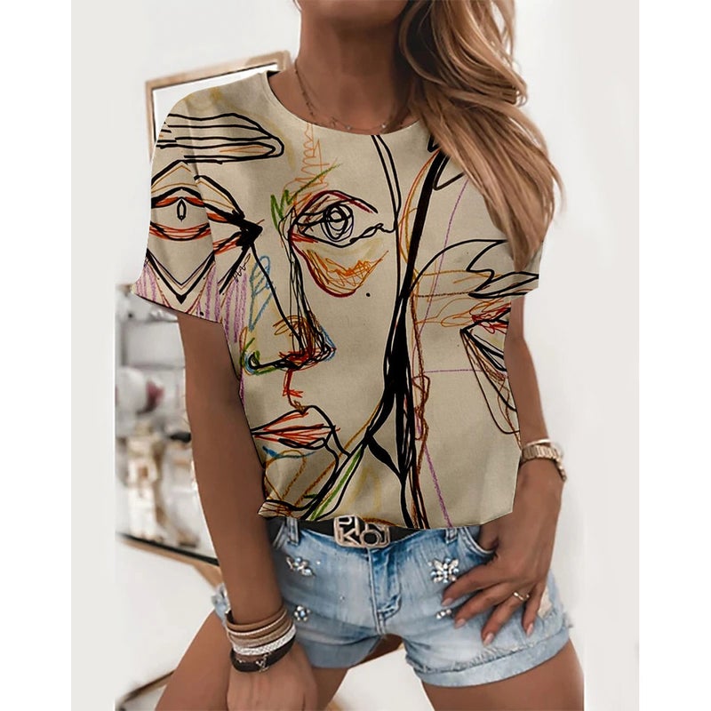 2024 Summer Women'S Abstract Painting Pattern Printing 3D Digital Printing Round Neck T-Shirt - Image 4