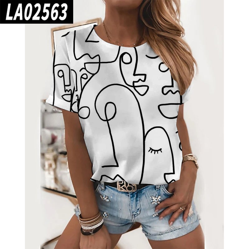 2024 Summer Women'S Abstract Painting Pattern Printing 3D Digital Printing Round Neck T-Shirt - Image 1