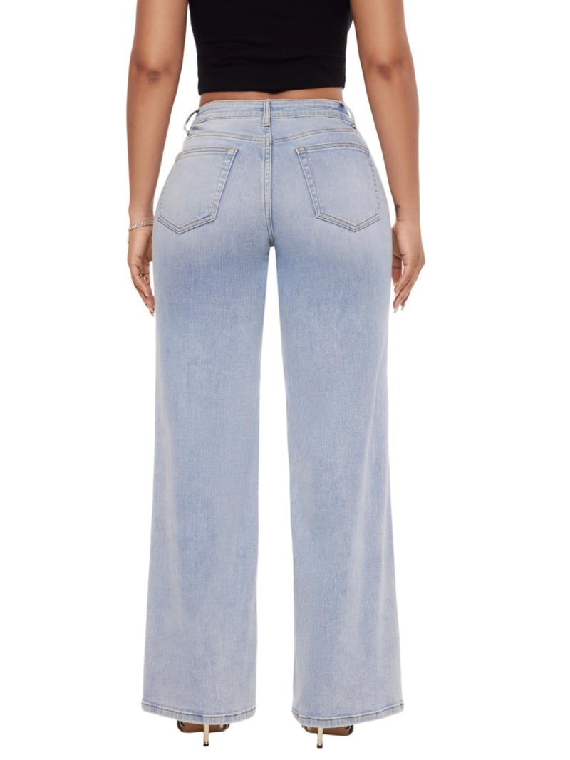 ONESO Mid-Low Rise Baggy Jeans Wide Leg for Women Distressed Pants Stretchy Bottom Lady Basic Comfortable Denim - Image 4