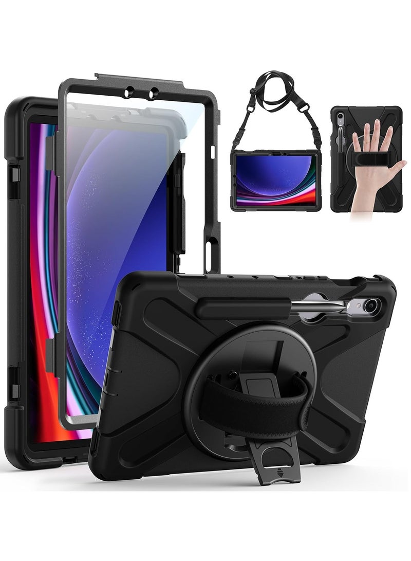 Tablet Case for Samsung Galaxy Tab S10 FE/S9 FE/S9 10.9 inch Full-Body Drop Protective Case with Screen Protector and Pencil Holder 360° Rotating Handle Stand Strap Cover Black - Image 1