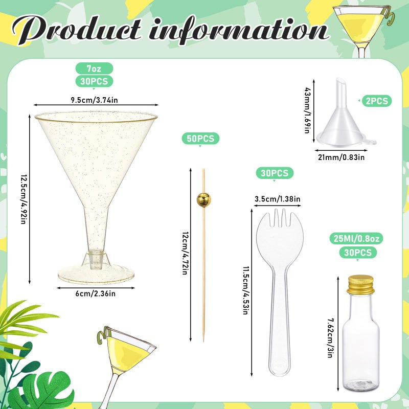 Jingmore 30 Sets 7 oz Clear Charcuterie Cups for Martini Party Salad Appetizer Cups Dressing Alcohol Bottle Set Mini Plastic Martini Glasses Set for Wedding Birthday Appetizers Food (Gold) - Image 2