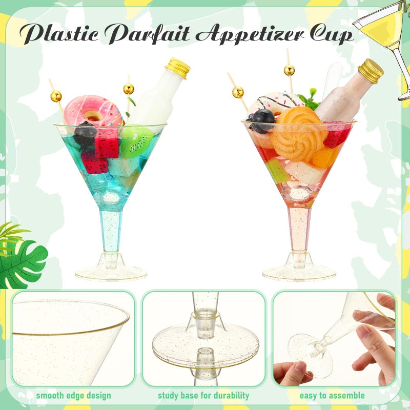 Jingmore 30 Sets 7 oz Clear Charcuterie Cups for Martini Party Salad Appetizer Cups Dressing Alcohol Bottle Set Mini Plastic Martini Glasses Set for Wedding Birthday Appetizers Food (Gold) - Image 3