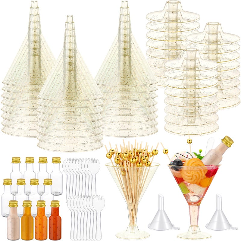 Jingmore 30 Sets 7 oz Clear Charcuterie Cups for Martini Party Salad Appetizer Cups Dressing Alcohol Bottle Set Mini Plastic Martini Glasses Set for Wedding Birthday Appetizers Food (Gold) - Image 1