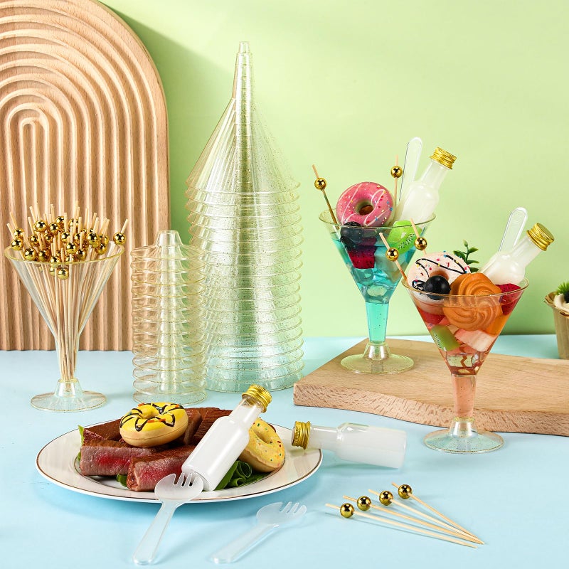 Jingmore 30 Sets 7 oz Clear Charcuterie Cups for Martini Party Salad Appetizer Cups Dressing Alcohol Bottle Set Mini Plastic Martini Glasses Set for Wedding Birthday Appetizers Food (Gold) - Image 5