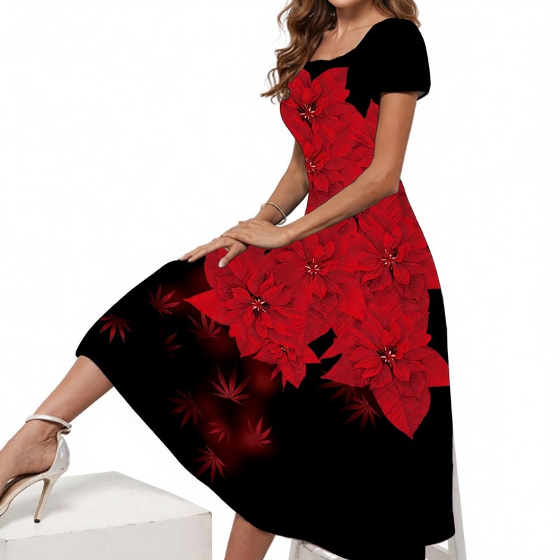 Women's Square Neck Short Sleeve Printed Maxi Dress with High-Low Hem - Image 1